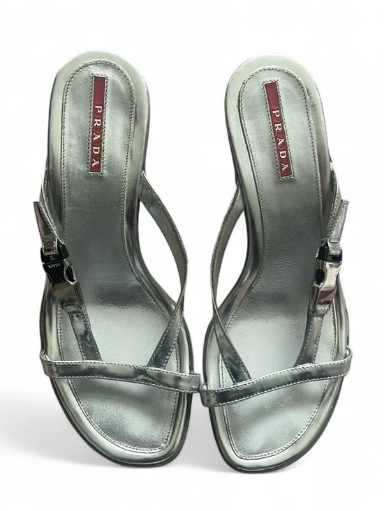 Prada Shoes - Prada Silver Chrome/Metallic Leather Sandals/Kitten Heels